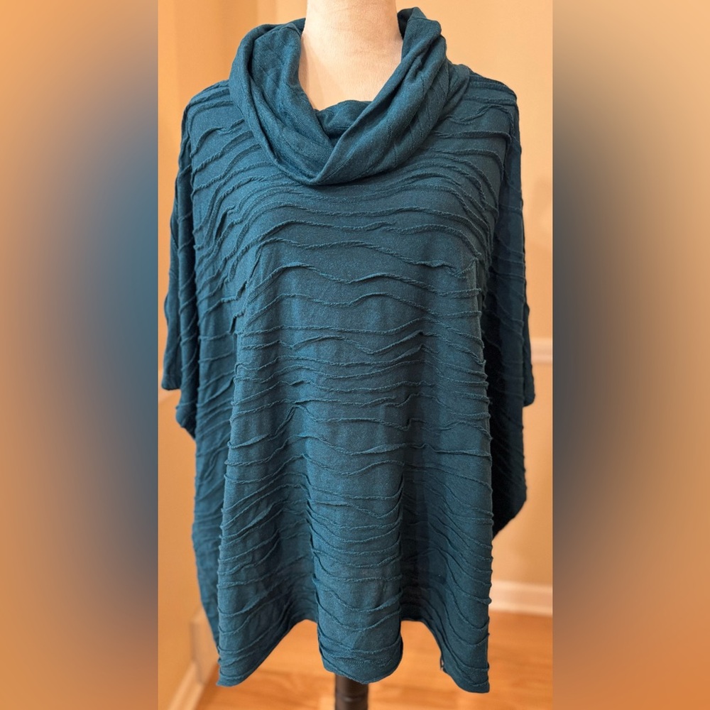 🌊 Layering Textured Sweater Teal Wave Cowl Neck Draped Poncho S/M